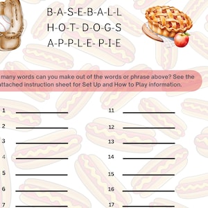 May include: A printable word search puzzle with a baseball glove, a hot dog, and an apple pie. The puzzle asks how many words can be made from the words "baseball", "hot dogs", and "apple pie".