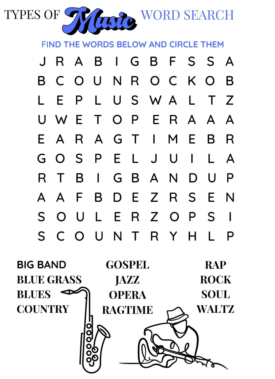 Types of Music Word Search Level Easy Etsy