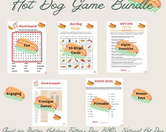Hot Dog Game Bundle for Families, Work Parties, BBQs, National Hot Dog Day, Birthday Parties! 5 Fun and Unique Games plus 1 Coloring Page.