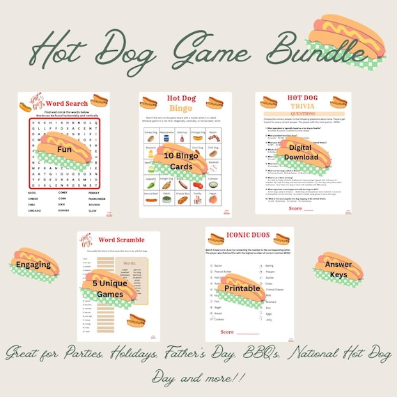 Hot Dog Game Bundle for Families, Work Parties, BBQs, National Hot Dog Day, Birthday Parties! 5 Fun and Unique Games plus 1 Coloring Page.