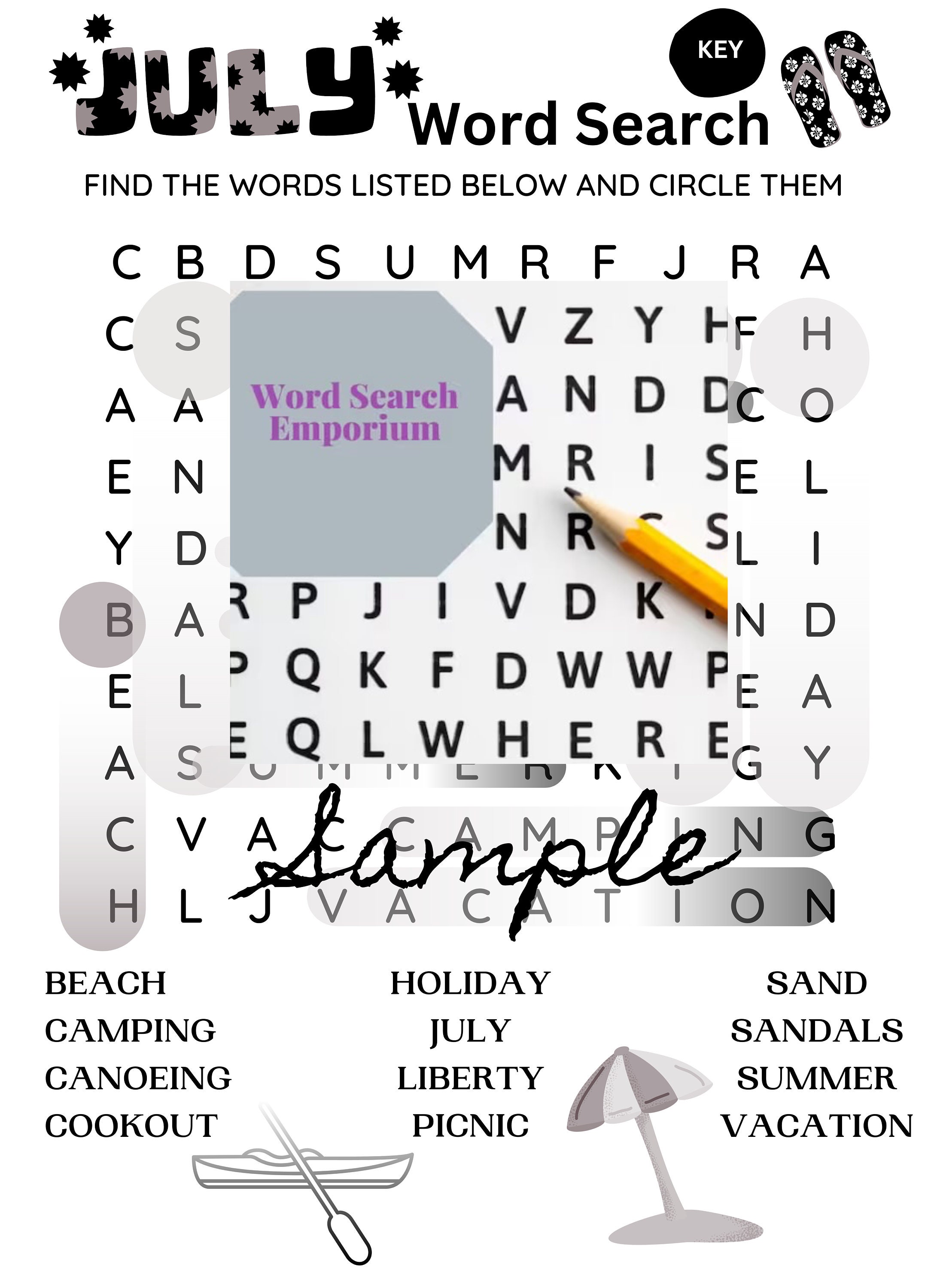 July Word Search Puzzle, Summer Activity (PDF Download) - Etsy