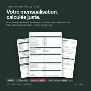 Puede incluir: Una plantilla de documento digital para proveedores de cuidado infantil titulada ASSISTANTE MATERNELLE 2026. Presenta un fondo verde oscuro con texto blanco, mostrando un formulario de simulación para cálculos salariales.
