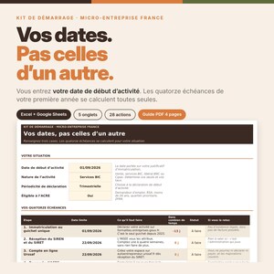 May include: A digital startup kit for French micro-enterprises featuring a spreadsheet template with 5 tabs and 28 actions, plus a 4-page PDF guide. The document displays a table for activity start dates, business nature, and 14 calculated deadlines.