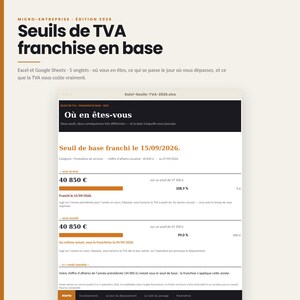 May include: A digital spreadsheet interface titled Seuil de base franchi le 15/09/2026, displaying financial data for micro-enterprises. The document includes sections for Seuil de base and Seuil majoré with progress bars, currency values in euros, and navigation tabs at the bottom.