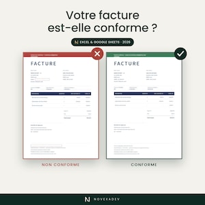May include: A comparison chart titled 'Votre facture est-elle conforme ?' showing two invoice templates. The left invoice is outlined in red with a white X, labeled 'NON CONFORME'. The right invoice is outlined in green with a white checkmark, labeled 'CONFORME'.