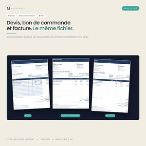 Pode incluir: Um conjunto de modelos de documentos digitais incluindo orçamento, pedido de compra e fatura. O texto diz: Novexadev, Pack 3 en 1, Devis, bon de commande et facture. Le même fichier. Vous remplissez le devis. Les deux autres documents se remplissent tout seuls.