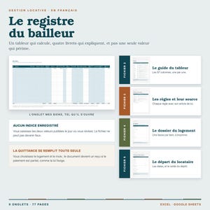 May include: A digital rental management spreadsheet titled Le registre du bailleur, featuring a main data table, four instructional guides, and text explaining automated calculations for property owners in French.