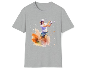 Swing de jugadora de golf femenina de acuarela, camisa de golf unisex, camiseta de estilo suave.