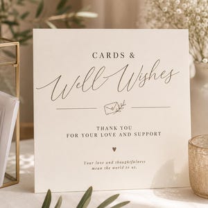 May include: A square cream-coloured sign with black text that reads CARDS & Well Wishes, followed by a small envelope icon, THANK YOU FOR YOUR LOVE AND SUPPORT, a small heart, and the text Your love and thoughtfulness mean the world to us.