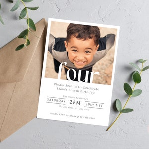 Invitation 4e anniversaire garçon, modèle d'Invitation minimale de 4e anniversaire, modèle d'Invitation photo quatrième anniversaire, fête d'anniversaire garçon