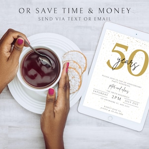 May include: A digital invitation for a 50th anniversary party with gold confetti on a white background. The invitation reads "Please join us for an anniversary party honoring Peter and Afeng. The Smith Residence, Saturday, July 21st, 2 PM, 123 Anywhere St., Any City. Kindly RSVP to Alexis @ 123-456-7890."