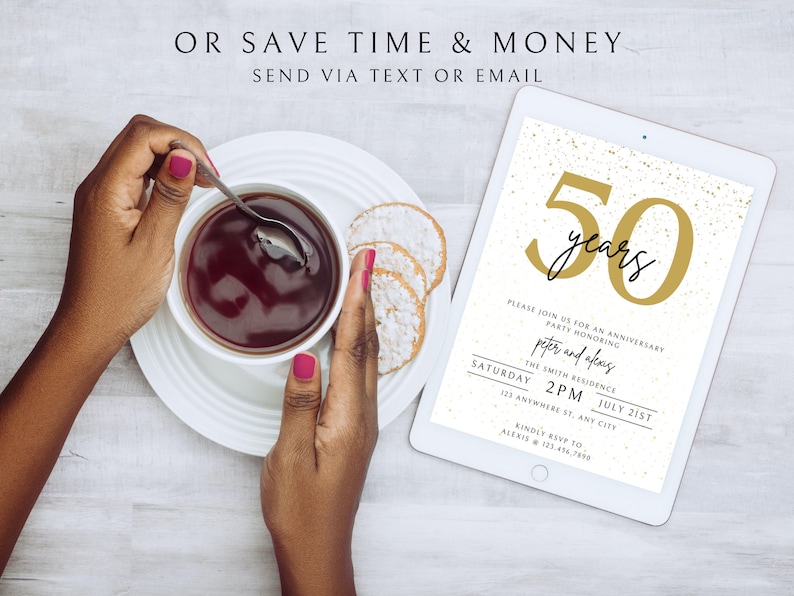 May include: A digital invitation for a 50th anniversary party with gold confetti on a white background. The invitation reads "Please join us for an anniversary party honoring Peter and Afeng. The Smith Residence, Saturday, July 21st, 2 PM, 123 Anywhere St., Any City. Kindly RSVP to Alexis @ 123-456-7890."
