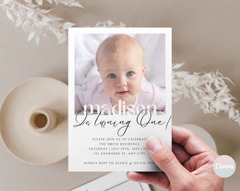 1st Birthday Invitation Girl, Minimal 1st Birthday Invitation Template, Editable First Birthday Photo Invitation Template, Digital Invite