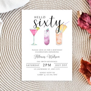 Invito per il 60° compleanno, Modello di invito per il 60° compleanno, Festa per il 60° compleanno, Biglietto per il 60° compleanno, Modello digitale per 60 compleanno, Invito a cocktail