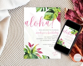 Luau Birthday Invitation, Luau Invitation, Aloha Invitation Template, Tropical Birthday Invite, Hawaiian Invitation Digital, First Birthday