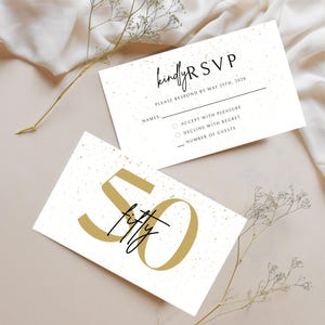Plantilla de tarjeta RSVP para el 50.° aniversario, plantilla RSVP para cumpleaños, RSVP para aniversario, RSVP para hacer tú mismo, RSVP para cumpleaños, tarjeta de respuesta minimalista, respuesta moderna, RSVP dorada
