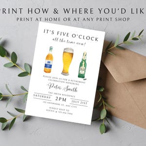May include: White invitation card with a watercolor illustration of three beer bottles and a glass of beer. The text reads "It's Five O'Clock all the time now!" and "Please join us for a retirement celebration honoring Peter Smith. The Smith Residence. Saturday 2PM July 21st. 123 Anywhere St. Any City. Kindly RSVP to Alexis @ 123.456.7890."