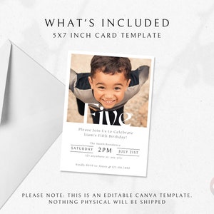 5th Birthday Invitation Boy, 5th Birthday Invitation Template, Fifth Birthday Photo Invite, Boy Birthday Party, 5th Birthday Invite Boy image 2