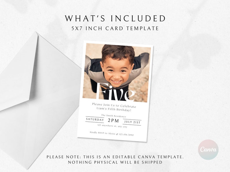 5th Birthday Invitation Boy, 5th Birthday Invitation Template, Fifth Birthday Photo Invite, Boy Birthday Party, 5th Birthday Invite Boy image 2