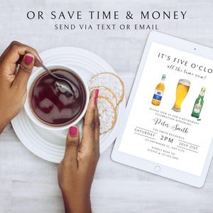 May include: A digital invitation for a retirement party. The invitation features a watercolor illustration of three bottles of beer and the text "It's Five O'Clock all the time now!"  The invitation is for Peter Smith's retirement celebration on Saturday, July 21st at 2 PM at The Smith Residence.