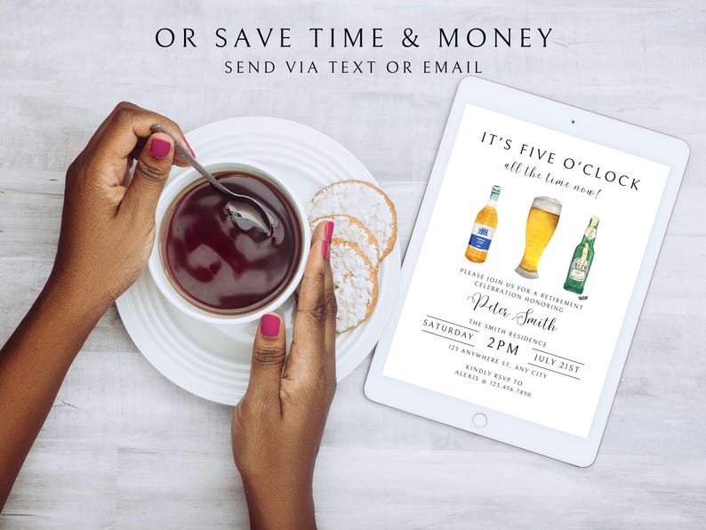 May include: A digital invitation for a retirement party. The invitation features a watercolor illustration of three bottles of beer and the text "It's Five O'Clock all the time now!"  The invitation is for Peter Smith's retirement celebration on Saturday, July 21st at 2 PM at The Smith Residence.