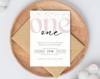 1st Birthday Invitation Girl, Minimal 1st Birthday Invitation Template, Editable First Birthday Invitation Template, Digital Invite Birthday