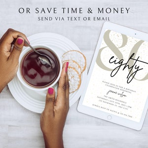 May include: A digital tablet displaying a birthday invitation with a gold and white background. The invitation reads "Please join us for a birthday celebration honoring Jeanne Wilson. The Smith Residence, Saturday July 23rd, 2023 | 2PM, 123 Anywhere St, Any City. Kindly RSVP to Alexis @ 123.456.7890."