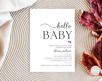 Pode incluir: Um convite de chá de bebê branco com texto preto que diz "hello BABY" e inclui o texto "Please join us for a baby shower honoring alexis wilson" e os detalhes do evento.