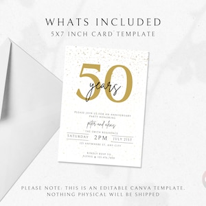 May include: A 5x7 inch printable card template for a 50th anniversary party. The card features a gold glitter background with the number 50 in gold and the text "years" in black. The text "Please join us for an anniversary party honoring Peter and Afeng" is in black. The date and time of the party are listed as "Saturday 2PM July 21st". The text "The Smith Residence" is in black. The address is listed as "123 Anywhere St. Any City". The text "Kindly RSVP to Alexis @ 123.456.7890" is in black.