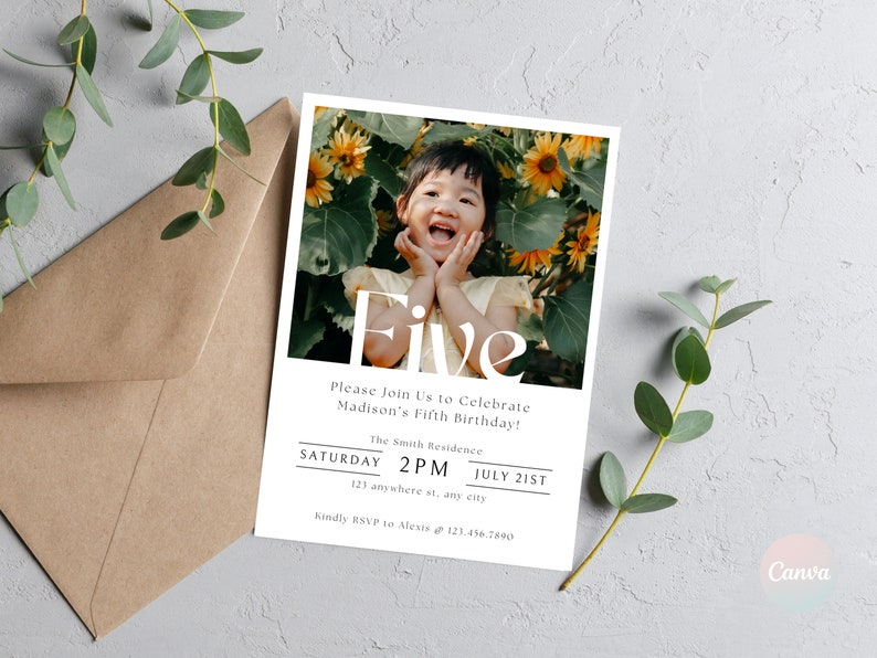 May include: A birthday invitation featuring a photo of a young child smiling in a field of sunflowers. The invitation reads "Five" in large white letters and includes the text "Please Join Us to Celebrate Madison's Fifth Birthday!" The Smith Residence, Saturday 2 PM, July 21st, 123 anywhere st, any city, Kindly RSVP to Alexis @ 123.456.7890.