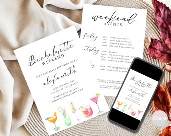 Bachelorette Party Invites, Cocktail Bachelorette Invitation Template, Digital Bachelorette Party Template, Bachelorette Weekend Itinerary