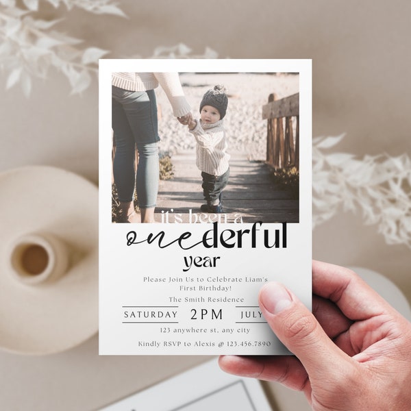 1st Birthday Invitation Boy, Minimal 1st Birthday Invitation Template, Editable First Birthday Photo Invitation Template, Boy Birthday Party