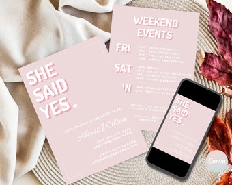 Bachelorette Party Invites, She Said Yes Bachelorette Invitation Template, Digital Bachelorette Party Template, Weekend Itinerary