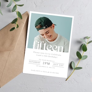 15th Birthday Invitation Boy, Minimal 15th Birthday Invitation Template, Fifteen Birthday Photo Invitation Template, Boy Birthday Party