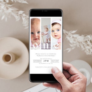 1. Geburtstagseinladung Mädchen, Minimale 1. Geburtstagseinladungsvorlage, bearbeitbare 1. Geburtstagsfotoeinladungsvorlage, digitale Einladung