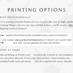 May include: A printable invitation design guide with instructions for printing at home or professionally. The guide includes a link to a website for professional printing with a discount code for 10% off orders of &pound;49 or more.