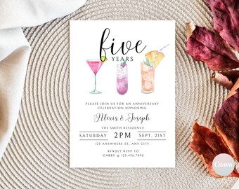 May include: A white invitation card with a watercolor illustration of three cocktails. The text reads "five years" and includes details for an anniversary celebration honoring Alexis & Joseph. The event is scheduled for Saturday, September 21st at 2 PM at The Smith Residence. The address is 123 Anywhere St., Any City. RSVP to Gabby at 123.456.7890.