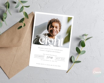 8th Birthday Invitation Boy, Minimal 8th Birthday Invitation Template, Eighth Birthday Photo Invitation Template, Boy Birthday Party