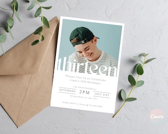 May include: A white invitation card with a blue and white border. The card has a photo of a teenager wearing a green baseball cap and a striped shirt. The text on the card reads "thirteen", "Please Join Us to Celebrate Liam's 13th Birthday!", "The Smith Residence", "SATURDAY 2PM JULY 21ST", "123 anywhere st, any city", and "Kindly RSVP to Alexis # 121.456.7890".