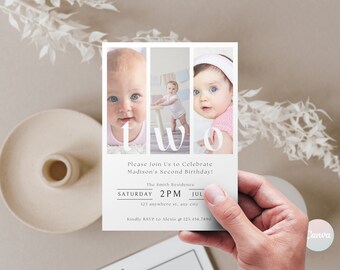 2nd Birthday Invitation Girl, Minimal 2nd Birthday Invitation Template, Editable Second Birthday Photo Invitation Template, Digital Invite