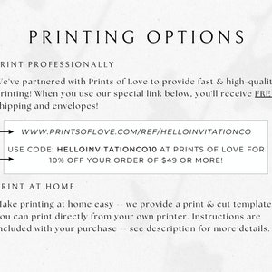 May include: A graphic with the text "PRINTING OPTIONS" and instructions for printing professionally using Prints of Love. The text includes a website address, a discount code, and a 10% off offer for orders of $49 or more. The graphic also includes instructions for printing at home.