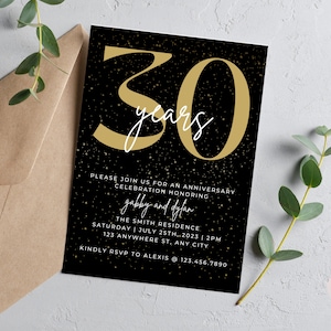 Invitación del 30 aniversario, invitación del aniversario de bodas, invitación a la fiesta de aniversario, plantilla de invitación de aniversario, saludos a los 30 años