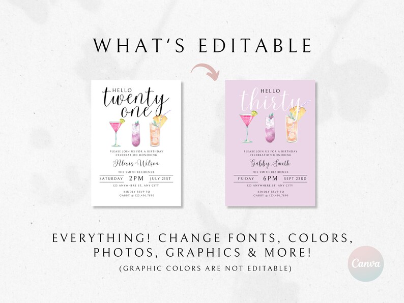 Pode incluir: Modelo de convite de anivers&aacute;rio edit&aacute;vel com fundo rosa e roxo. O texto diz "Hello twenty one" e "Hello thirty" com uma ilustra&ccedil;&atilde;o em aquarela de coquet&eacute;is. O texto tamb&eacute;m inclui o nome do aniversariante, a data e a hora da festa. O texto "Tudo &eacute; edit&aacute;vel! Altere fontes, cores, fotos, gr&aacute;ficos e muito mais! (As cores dos gr&aacute;ficos n&atilde;o s&atilde;o edit&aacute;veis)" est&aacute; na parte inferior da imagem.
