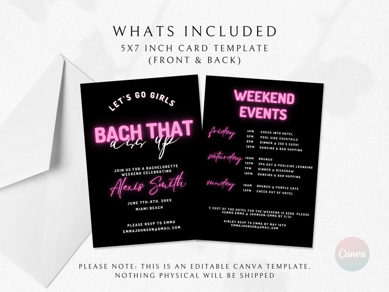 Bachelorette Party Invites, Bach That Ass Up Invitation Template, Digital Bachelorette Party Template, Neon Bachelorette Weekend Itinerary image 2