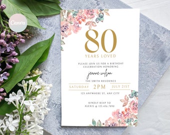 80th Birthday Invitation, 80th Invite Template, Digital 80th Birthday Party Invite, 80th Birthday Card, Birthday Invitation Template