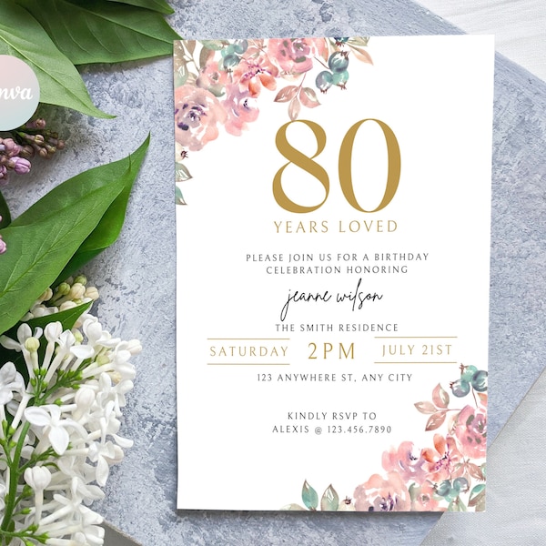 80th Birthday Invitation, 80th Invite Template, Digital 80th Birthday Party Invite, 80th Birthday Card, Birthday Invitation Template