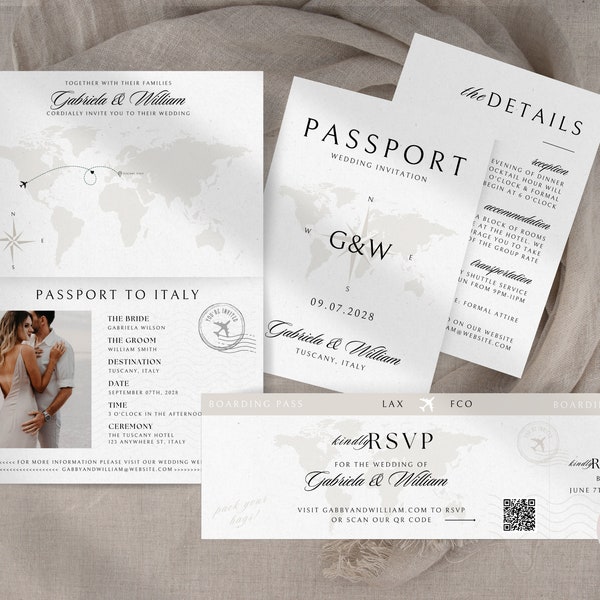 Destination Wedding Invitation, Passport Wedding Invitation, Digital Wedding Invitation Template, Editable Boarding Pass Invitation