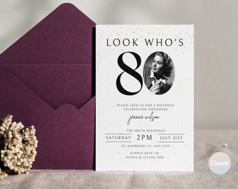 May include: A white invitation card with gold glitter accents. The text "LOOK WHO'S 80" is in black with a large black number 80. A black and white photo of a woman is in a circle next to the number 80. The text below reads "PLEASE JOIN US FOR A BIRTHDAY CELEBRATION HONORING jeanne wilson THE SMITH RESIDENCE SATURDAY 2PM JULY 21ST 123 ANYWHERE ST, ANY CITY KINDLY RSVP TO ALEXIS @ 123.456.7890"