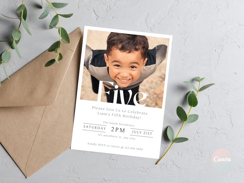 5th Birthday Invitation Boy, 5th Birthday Invitation Template, Fifth Birthday Photo Invite, Boy Birthday Party, 5th Birthday Invite Boy image 1