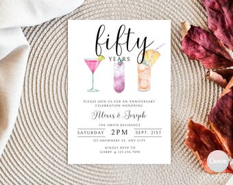 May include: Invitation to a 50th anniversary celebration for Alexis and Joseph. The invitation features a watercolor illustration of three cocktails and the text "fifty years". The event will be held at The Smith Residence on Saturday, September 21st at 2 PM. RSVP to Gabby at 123.456.7890.
